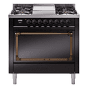 Nostalgie II Noblesse 36″ Dual Fuel Range (Liquid Propane, Solid Door, Glossy Black, Burnished) view 1