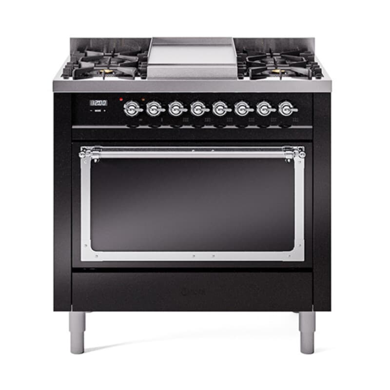 Nostalgie II Noblesse 36″ Dual Fuel Range (Natural Gas, Solid Door, Glossy Black, Chrome)
