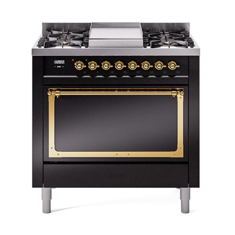 Nostalgie II Noblesse 36″ Dual Fuel Range (Natural Gas, Solid Door, Glossy Black, Brass)