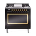 Nostalgie II Noblesse 36″ Dual Fuel Range (Liquid Propane, Solid Door, Glossy Black, Brass) view 1