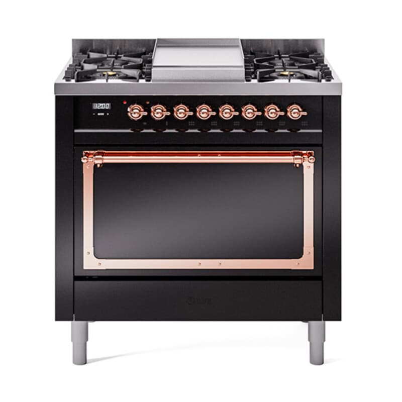 Nostalgie II Noblesse 36″ Dual Fuel Range (Liquid Propane, Solid Door, Glossy Black, Copper)
