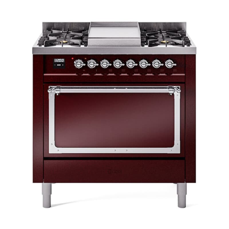 Nostalgie II Noblesse 36″ Dual Fuel Range (Liquid Propane, Solid Door, Burgundy, Chrome)