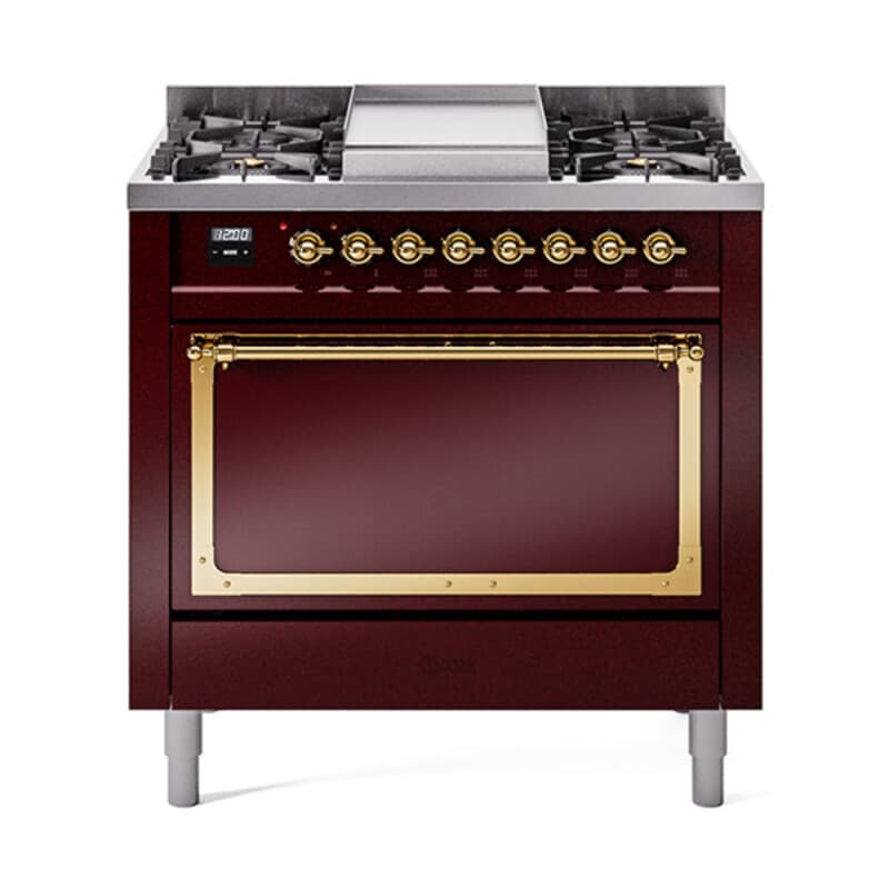 Nostalgie II Noblesse 36″ Dual Fuel Range (Natural Gas, Solid Door, Burgundy, Brass)