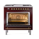 Nostalgie II Noblesse 36″ Dual Fuel Range (Natural Gas, Solid Door, Burgundy, Brass) view 3