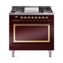 Nostalgie II Noblesse 36″ Dual Fuel Range (Liquid Propane, Solid Door, Burgundy, Brass) view 1