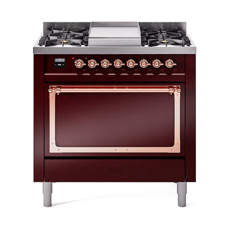 Nostalgie II Noblesse 36″ Dual Fuel Range (Natural Gas, Solid Door, Burgundy, Copper)