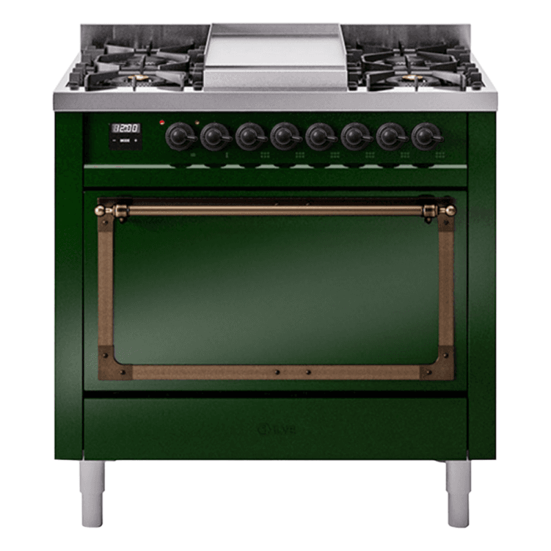 Nostalgie II Noblesse 36″ Dual Fuel Range (Natural Gas, Solid Door, Emerald Green, Burnished)