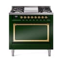 Nostalgie II Noblesse 36″ Dual Fuel Range (Natural Gas, Solid Door, Emerald Green, Brass) view 1