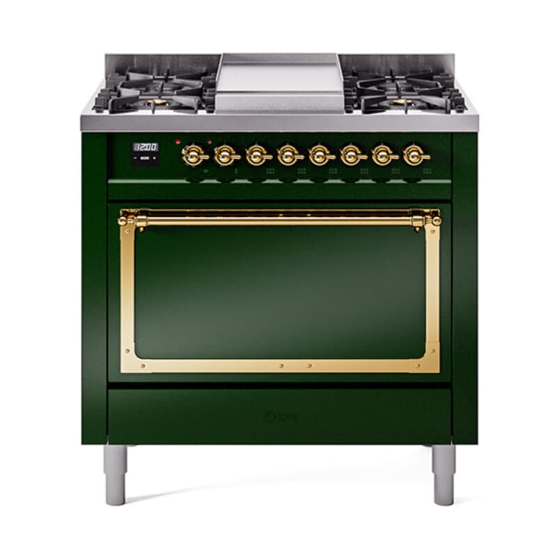 Nostalgie II Noblesse 36″ Dual Fuel Range (Liquid Propane, Solid Door, Emerald Green, Brass)