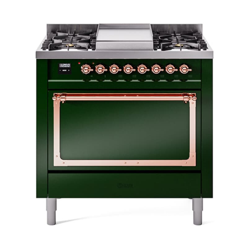 Nostalgie II Noblesse 36″ Dual Fuel Range (Liquid Propane, Solid Door, Emerald Green, Copper)