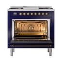 Nostalgie II Noblesse 36″ Dual Fuel Range (Liquid Propane, Solid Door, Midnight Blue, Burnished) view 3