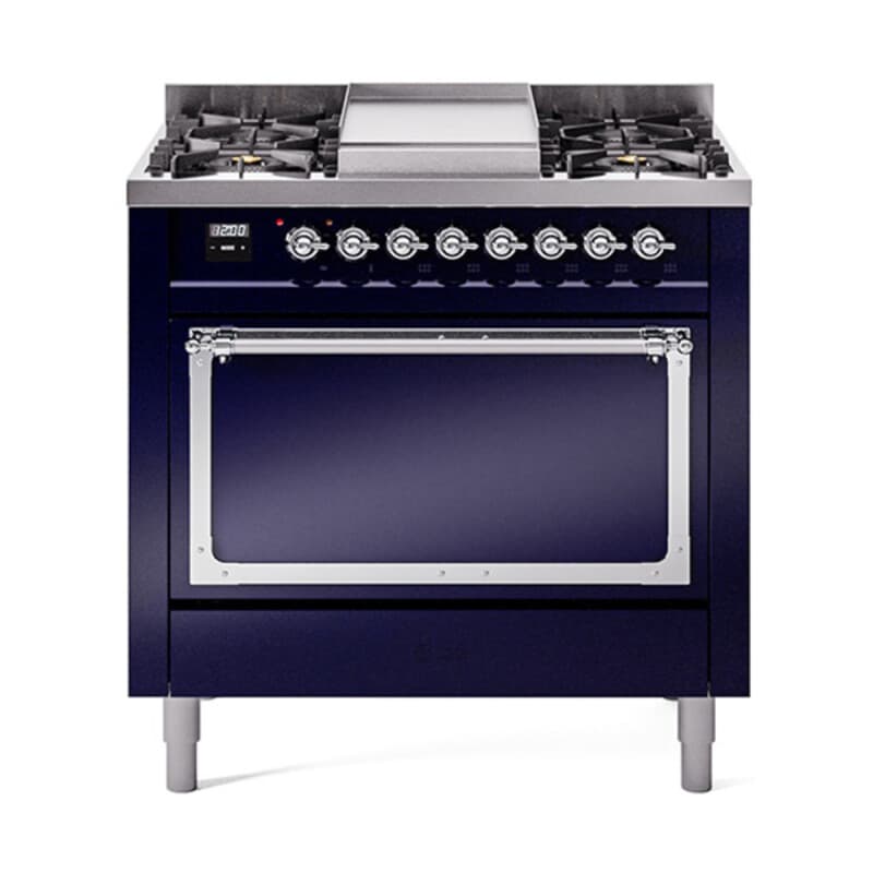 Nostalgie II Noblesse 36″ Dual Fuel Range (Liquid Propane, Solid Door, Midnight Blue, Chrome)