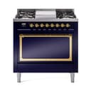 Nostalgie II Noblesse 36″ Dual Fuel Range (Natural Gas, Solid Door, Midnight Blue, Brass) view 1