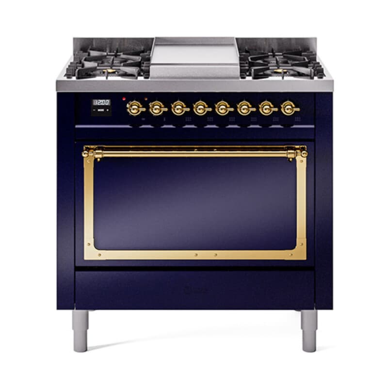 Nostalgie II Noblesse 36″ Dual Fuel Range (Liquid Propane, Solid Door, Midnight Blue, Brass)