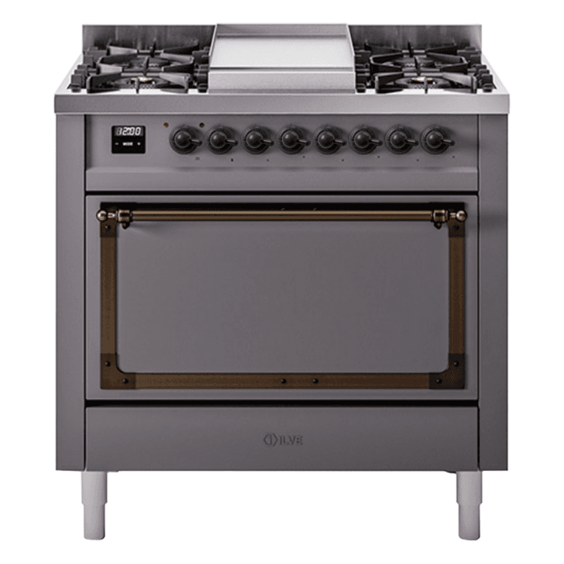 Nostalgie II Noblesse 36″ Dual Fuel Range (Liquid Propane, Solid Door, Graphite Matte, Burnished)