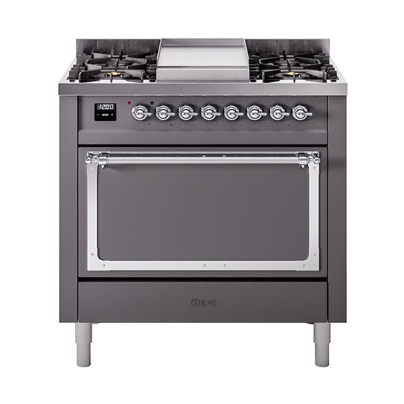 Nostalgie II Noblesse 36″ Dual Fuel Range (Liquid Propane, Solid Door, Graphite Matte, Chrome)