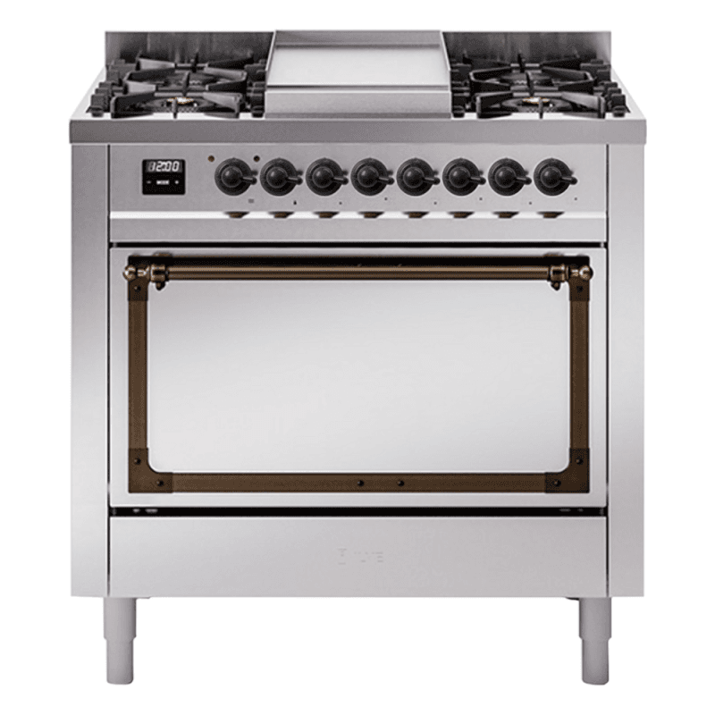 Nostalgie II Noblesse 36″ Dual Fuel Range (Natural Gas, Solid Door, Stainless Steel, Burnished)