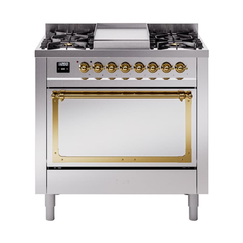 Nostalgie II Noblesse 36″ Dual Fuel Range (Natural Gas, Solid Door, Stainless Steel, Brass)