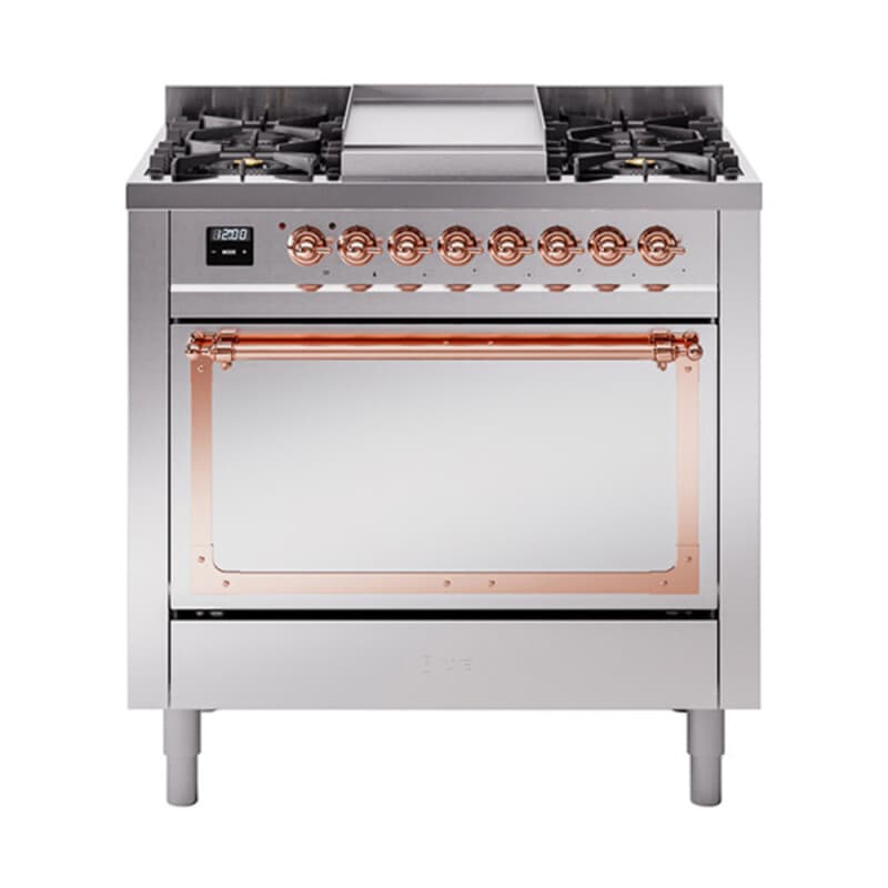Nostalgie II Noblesse 36″ Dual Fuel Range (Liquid Propane, Solid Door, Stainless Steel, Copper)