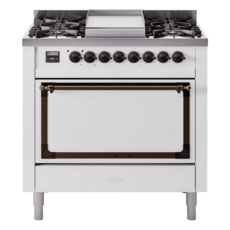 Nostalgie II Noblesse 36″ Dual Fuel Range (Liquid Propane, Solid Door, White, Burnished)