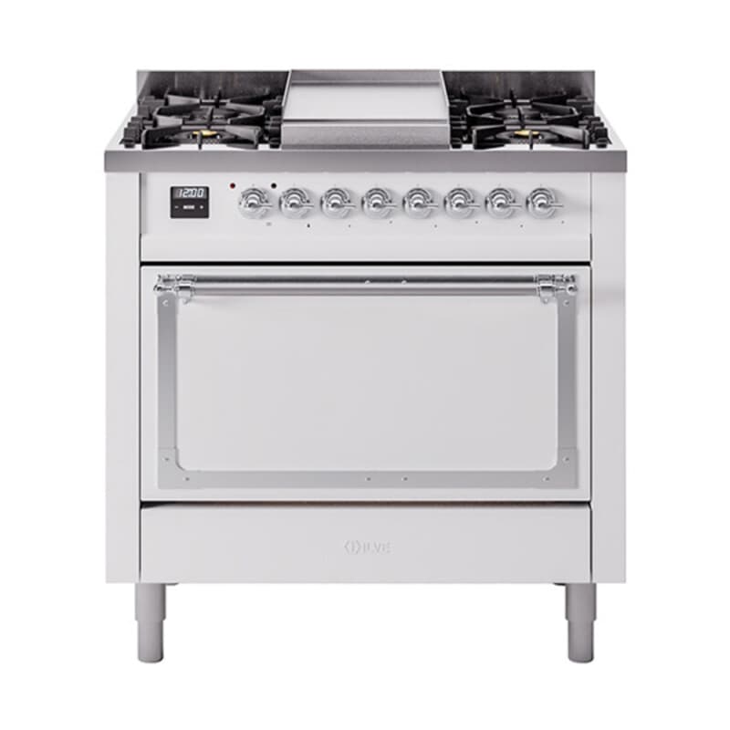 Nostalgie II Noblesse 36″ Dual Fuel Range (Natural Gas, Solid Door, White, Chrome)
