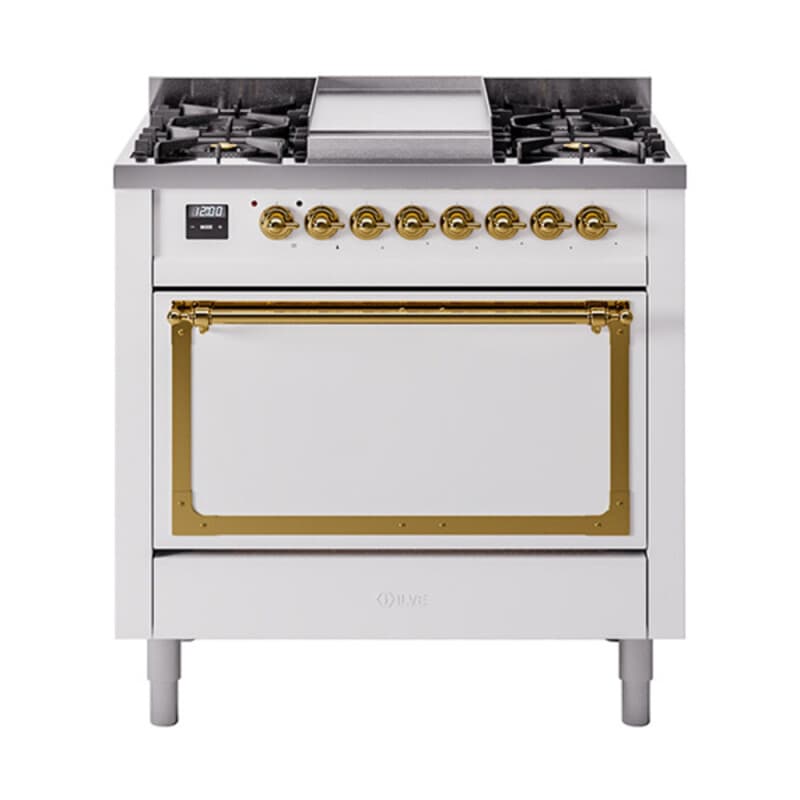 Nostalgie II Noblesse 36″ Dual Fuel Range (Liquid Propane, Solid Door, White, Brass)