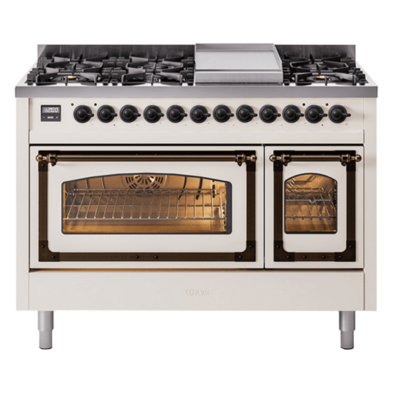Nostalgie II Noblesse 48″ Dual Fuel Range (8 Sealed Burners + Griddle, Natural Gas, Triple Glass Door, Antique White, Burnished)