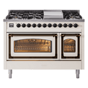 Nostalgie II Noblesse 48″ Dual Fuel Range  (8 Sealed Burners + Griddle, Liquid Propane, Triple Glass Door, Antique White, Burnished) view 1