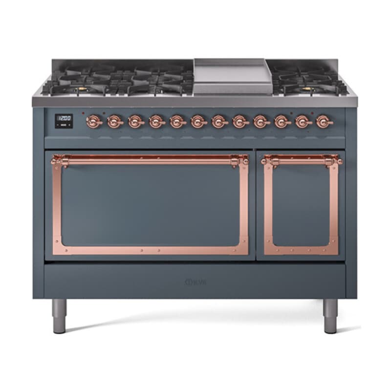 Nostalgie II Noblesse 48″ Dual Fuel Range (8 Sealed Burners + Griddle, Natural Gas, Solid Door, Blue Grey, Copper)