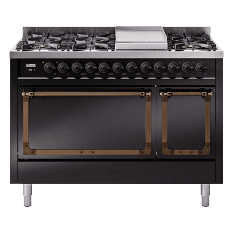 Nostalgie II Noblesse 48″ Dual Fuel Range (8 Sealed Burners + Griddle, Natural Gas, Solid Door, Glossy Black, Burnished)