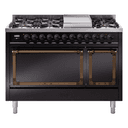 Nostalgie II Noblesse 48″ Dual Fuel Range  (8 Sealed Burners + Griddle, Liquid Propane, Solid Door, Glossy Black, Burnished) view 1