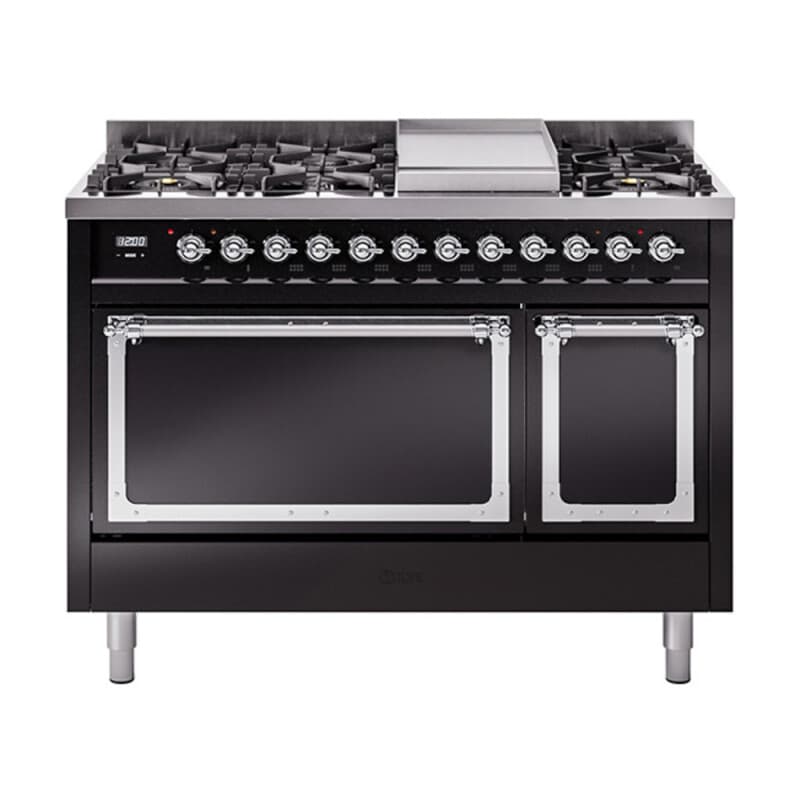 Nostalgie II Noblesse 48″ Dual Fuel Range (8 Sealed Burners + Griddle, Liquid Propane, Solid Door, Glossy Black, Chrome)