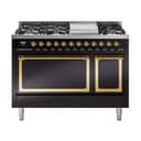 Nostalgie II Noblesse 48″ Dual Fuel Range  (8 Sealed Burners + Griddle, Liquid Propane, Solid Door, Glossy Black, Brass) view 1