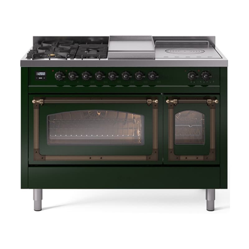 Nostalgie II Noblesse 48″ Dual Fuel Range (5 Sealed Burners + Griddle + French Top, Liquid Propane, Triple Glass Door, Emerald Green, Burnished)
