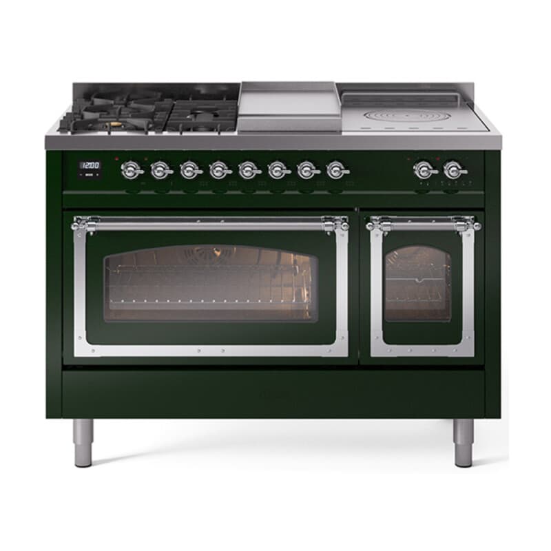 Nostalgie II Noblesse 48″ Dual Fuel Range (5 Sealed Burners + Griddle + French Top, Liquid Propane, Triple Glass Door, Emerald Green, Chrome)