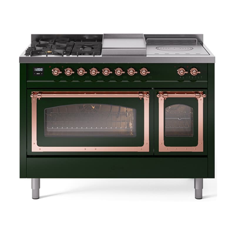 Nostalgie II Noblesse 48″ Dual Fuel Range (5 Sealed Burners + Griddle + French Top, Liquid Propane, Triple Glass Door, Emerald Green, Copper)