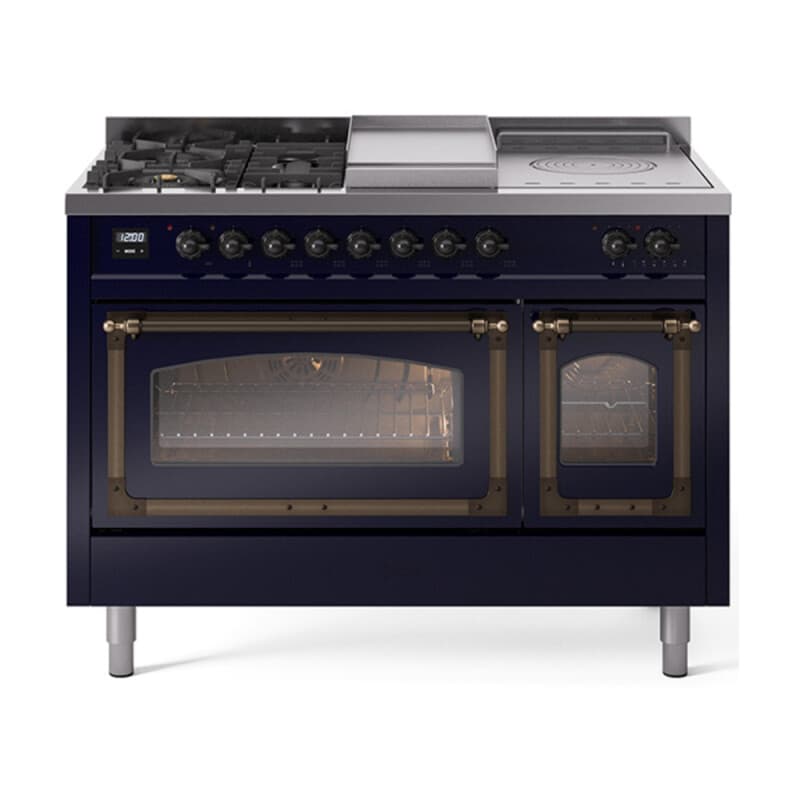 Nostalgie II Noblesse 48″ Dual Fuel Range (5 Sealed Burners + Griddle + French Top, Liquid Propane, Triple Glass Door, Midnight Blue, Burnished)