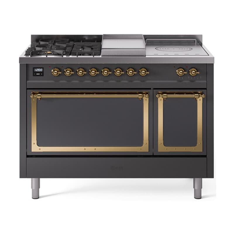 Nostalgie II Noblesse 48″ Dual Fuel Range (5 Sealed Burners + Griddle + French Top, Liquid Propane, Solid Door, Graphite Matte, Brass)