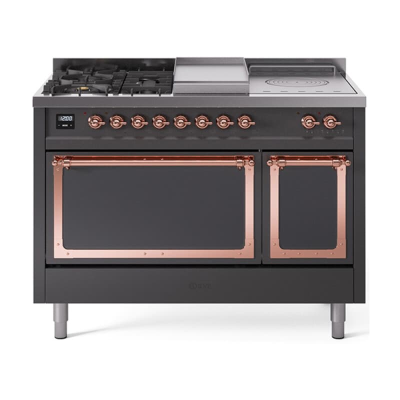 Nostalgie II Noblesse 48″ Dual Fuel Range  (5 Sealed Burners + Griddle + French Top, Liquid Propane, Solid Door, Graphite Matte, Copper)