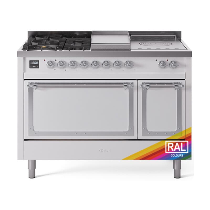 Nostalgie II Noblesse 48″ Dual Fuel Range (5 Sealed Burners + Griddle + French Top, Natural Gas, Solid Door, RAL, Chrome)