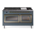 Nostalgie II Noblesse 60″ Dual Fuel Range      (9 Sealed Burners + Griddle, Liquid Propane, Triple Glass Door, Blue Grey, Brass) view 1