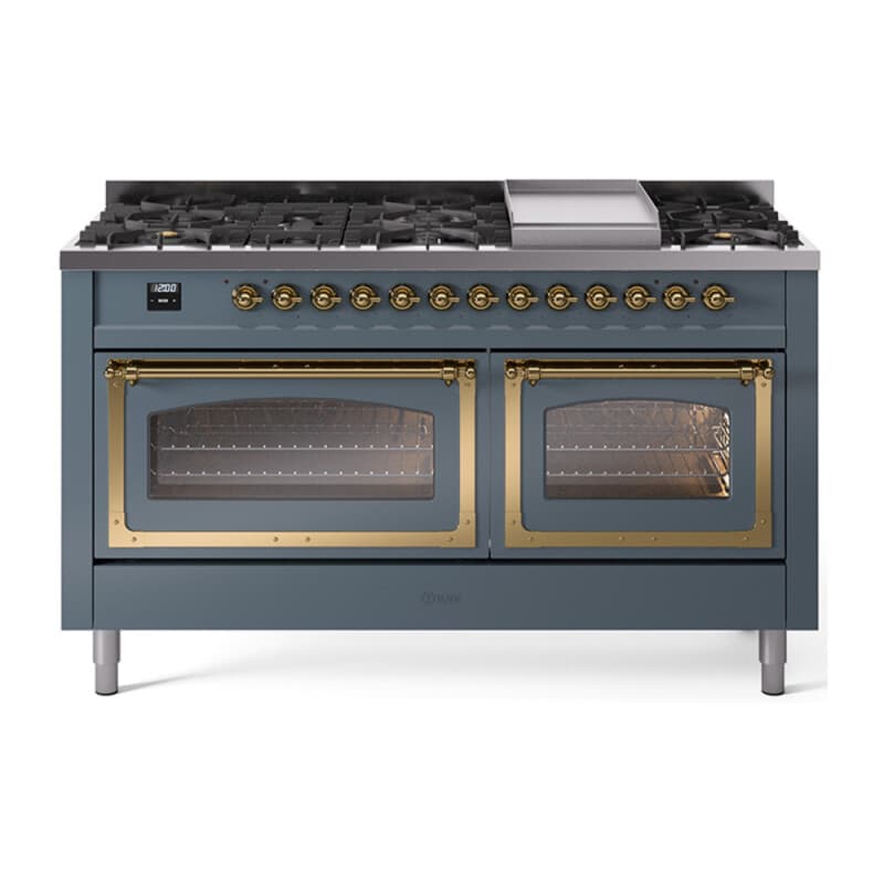 Nostalgie II Noblesse 60″ Dual Fuel Range (9 Sealed Burners + Griddle, Liquid Propane, Triple Glass Door, Blue Grey, Brass)