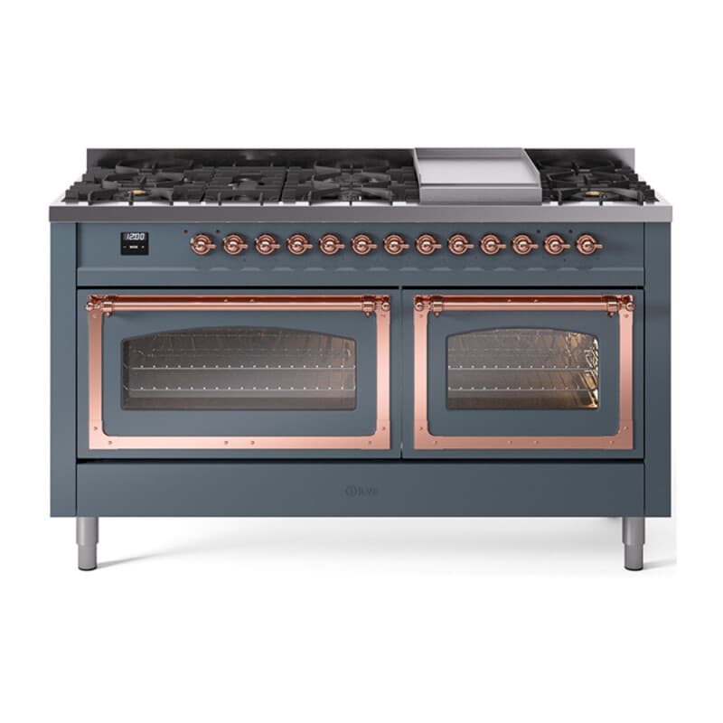 Nostalgie II Noblesse 60″ Dual Fuel Range (9 Sealed Burners + Griddle, Liquid Propane, Triple Glass Door, Blue Grey, Copper)