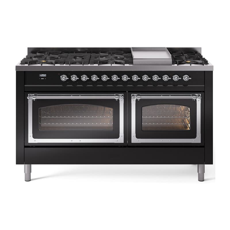 Nostalgie II Noblesse 60″ Dual Fuel Range (9 Sealed Burners + Griddle, Natural Gas, Triple Glass Door, Glossy Black, Chrome)