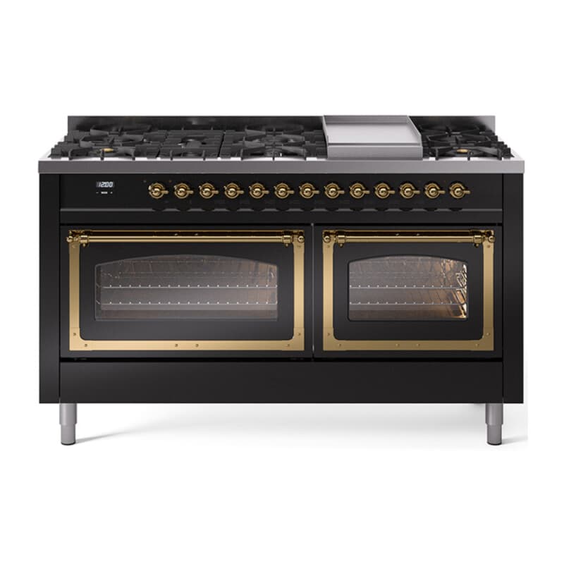 Nostalgie II Noblesse 60″ Dual Fuel Range (9 Sealed Burners + Griddle, Liquid Propane, Triple Glass Door, Glossy Black, Brass)