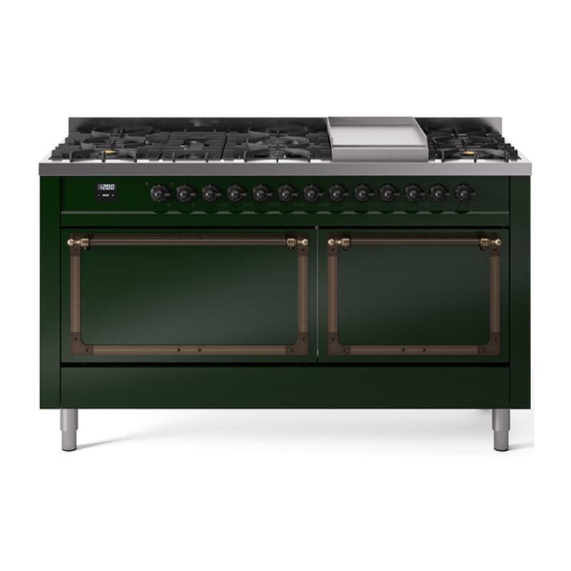 Nostalgie II Noblesse 60″ Dual Fuel Range      (9 Sealed Burners + Griddle, Natural Gas, Solid Door, Emerald Green, Burnished)