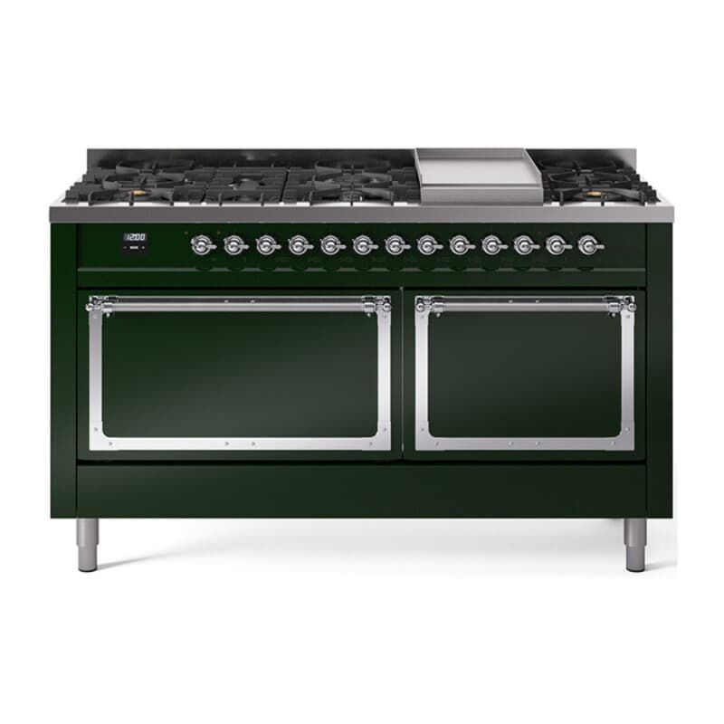 Nostalgie II Noblesse 60″ Dual Fuel Range (9 Sealed Burners + Griddle, Natural Gas, Solid Door, Emerald Green, Chrome)