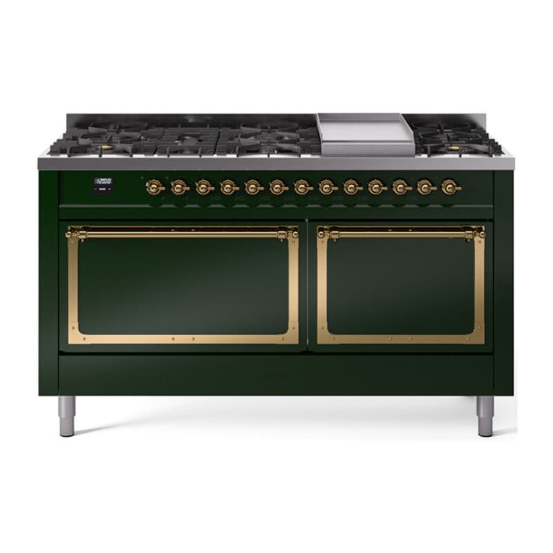 Nostalgie II Noblesse 60″ Dual Fuel Range (9 Sealed Burners + Griddle, Natural Gas, Solid Door, Emerald Green, Brass)