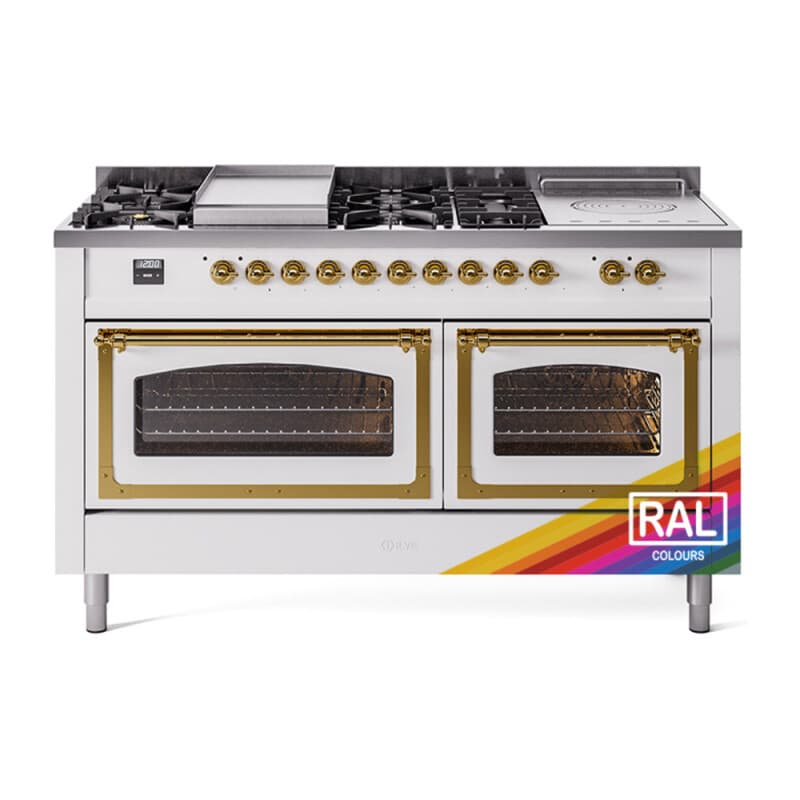 Nostalgie II Noblesse 60″ Dual Fuel Range (7 Sealed Burners + Griddle + French Top, Natural Gas, Triple Glass Door, RAL, Brass)