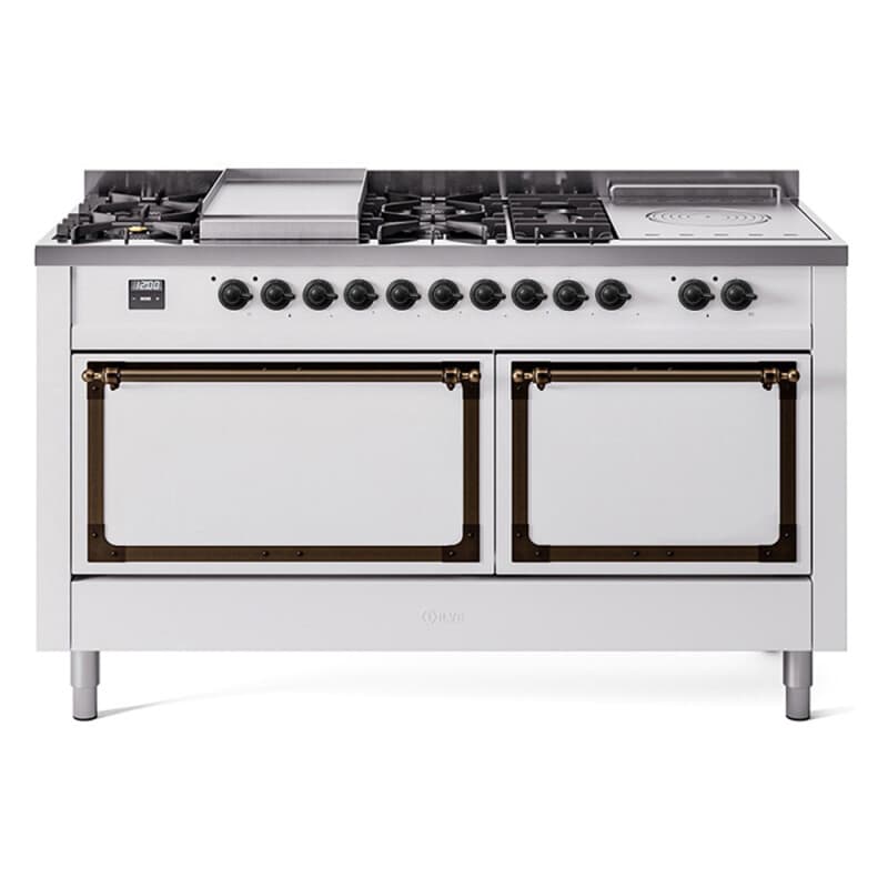 Nostalgie II Noblesse 60″ Dual Fuel Range (7 Sealed Burners + Griddle + French Top, Natural Gas, Solid Door, White, Burnished)